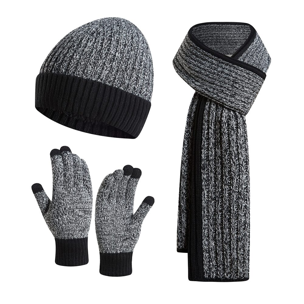 3475 Winter Knitted Beanie Hat Scarf & Touchscreen Gloves 3PCS Set Fleece